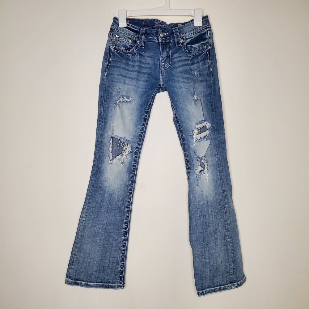 Miss Me Medium Blue Distressed Low Rise Signature Boot Cut Jeans